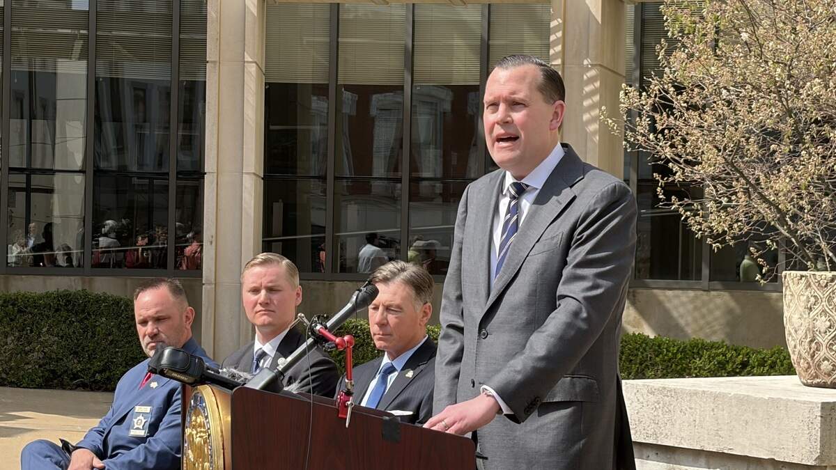 Attorney General Russell Coleman holds a press conference outside the Franklin County Judicial Center March 30, 2026.