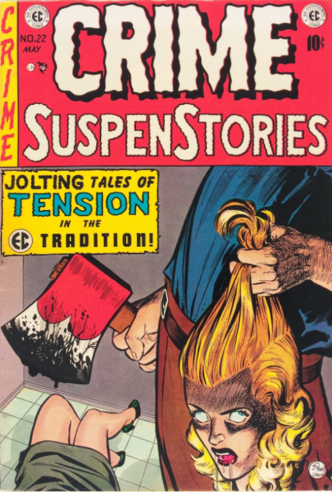 Crime SuspenStories no. 22 (April 1954) was published by EC Comics, one of the more popular  — and notorious — comic book companies of the era. When EC publisher Bill Gaines was asked at a U.S. Senate hearing if he believed this cover was in good taste, Gaines replied, “Yes sir, I do. It’s in good taste  — for a horror comic book.”