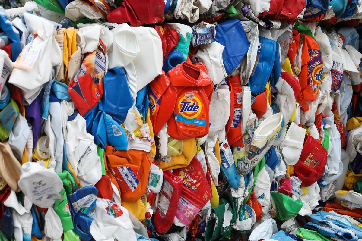 Plastic recyclables baled for transport Thursday at the Lexington Recycling Center. Photo by Matt Goins