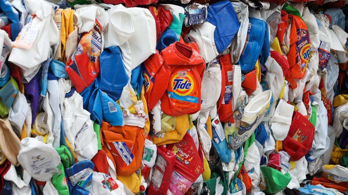 Plastic recyclables baled for transport at the Lexington Recycling Center.