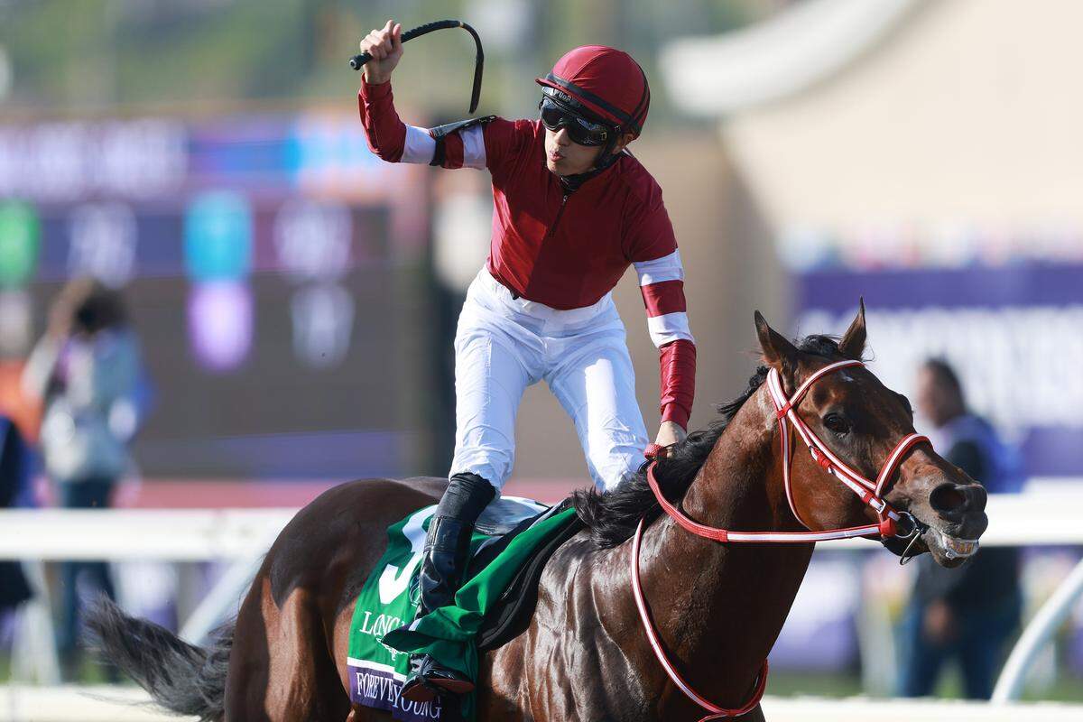 DEL MAR, CALIFORNIA - NOVEMBER 01: Forever Young ridden by Ryusei Sakai #5 wins the Breeders' Cup Classic race on day two of the 2025 Breeders' Cup World Championships at Del Mar Race Track on November 01, 2025 in Del Mar, California. (Photo by Sean M. Haffey/Getty Images)