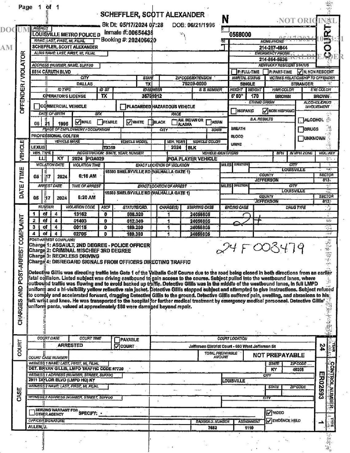 The report from Friday’s arrest of Scottie Scheffler details the charges against the PGA Tour star.