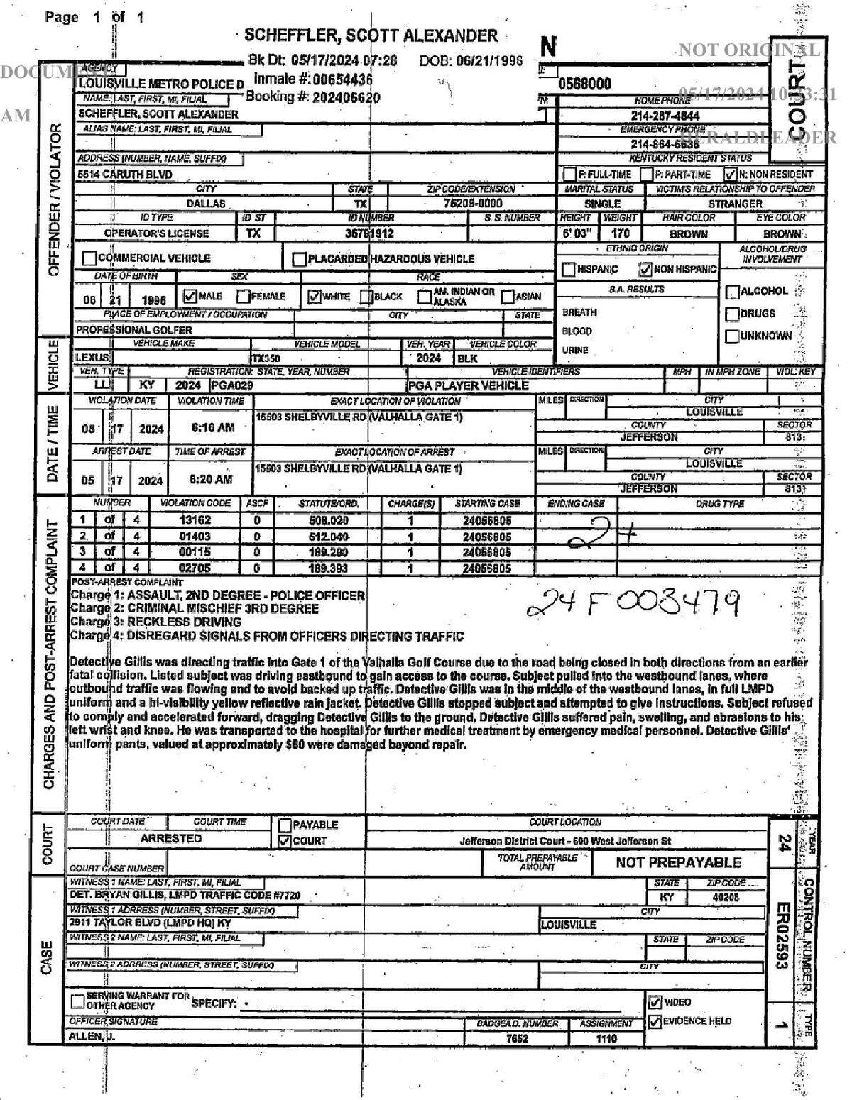 The report from Friday’s arrest of Scottie Scheffler details the charges against the PGA Tour star.