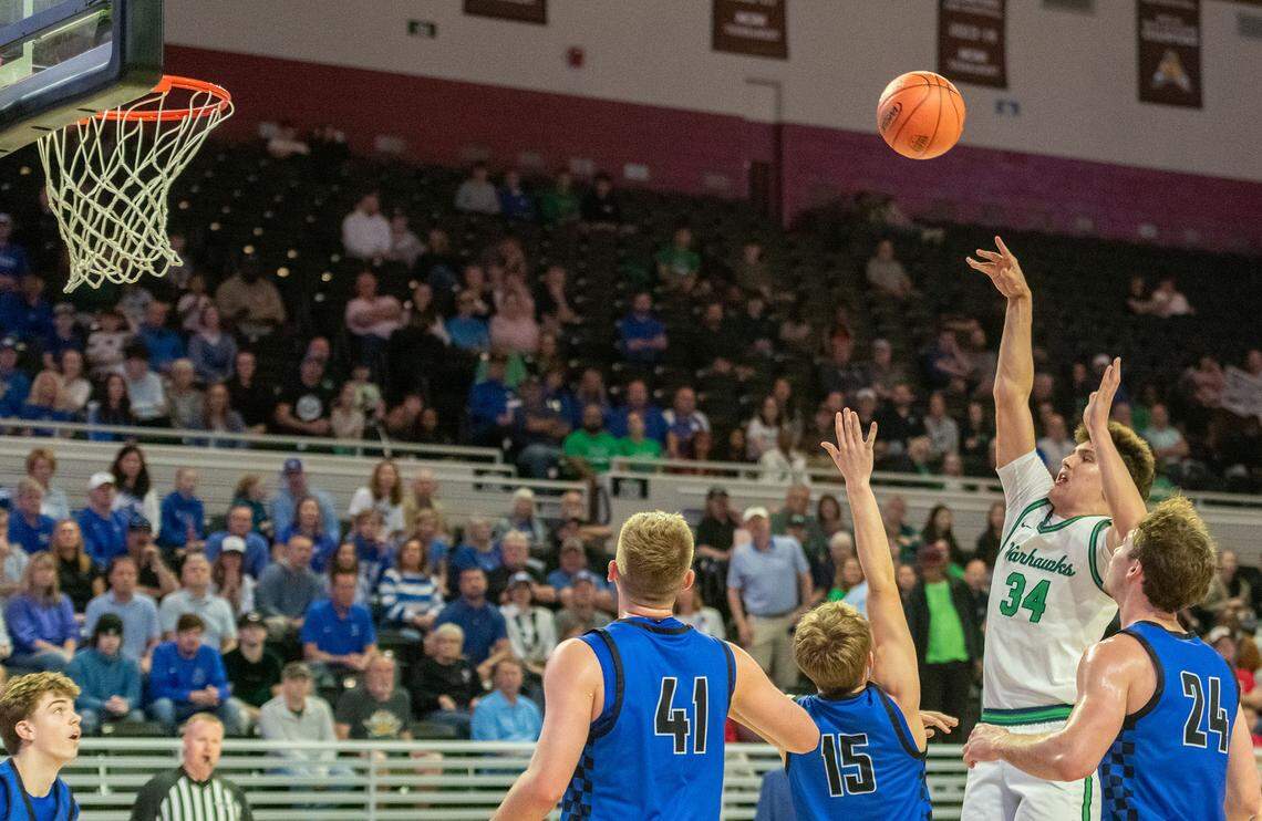 Great Crossing's Brady Orem had (34) 19 points and nine rebounds against Lexington Catholic in the boys 11th Region Tournament semifinals at Eastern Kentucky University’s Baptist Health Arena in Richmond on Saturday.