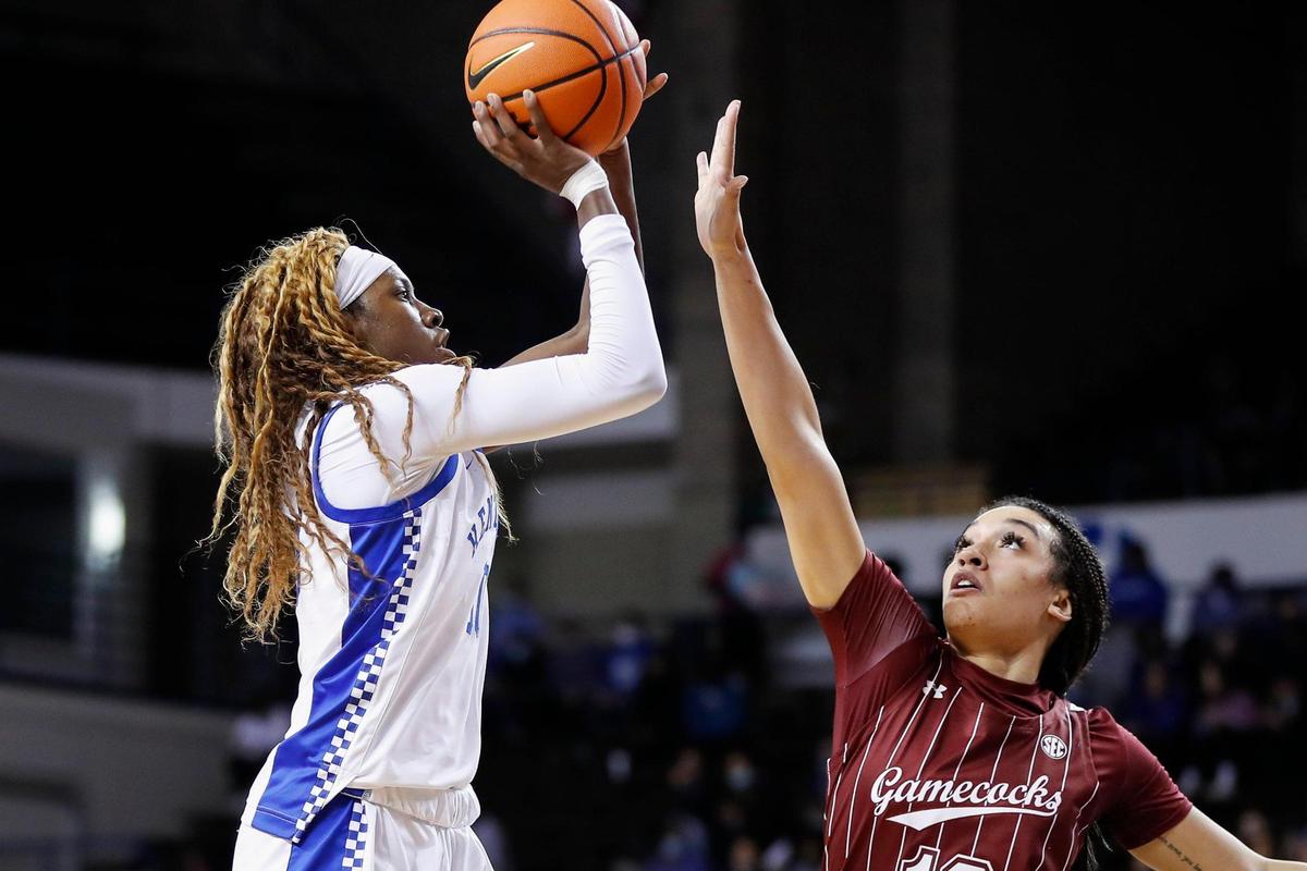 Rhyne Howard (10) takes a shot over South Carolina’s Brea Beal (12) in Memorial Coliseum on Feb. 10. Howard scored 16 fourth-quarter points in a 59-50 defeat.