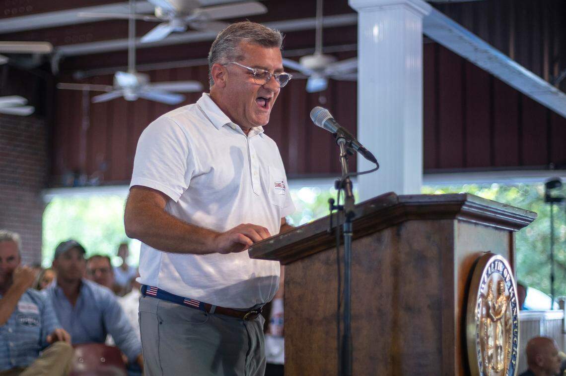 Kentucky State Sen. Robby Mills, R- Henderson, speaks during the Fancy Farm picnic in Fancy Farm, Ky., on Saturday, Aug. 5, 2023.