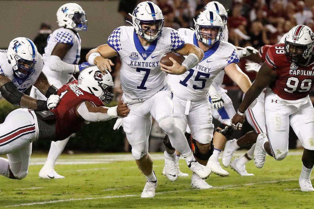 Kentucky quarterback Will Levis (7) ran six times for 30 yards in UK’s 16-10 win at South Carolina on Saturday. The Penn State transfer completed 15 of 22 passes for 102 yards with an interception.