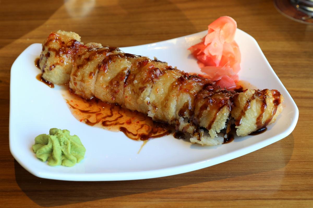 Aqua Crab Rangoon Roll ($12) appetizer from Malone’s.