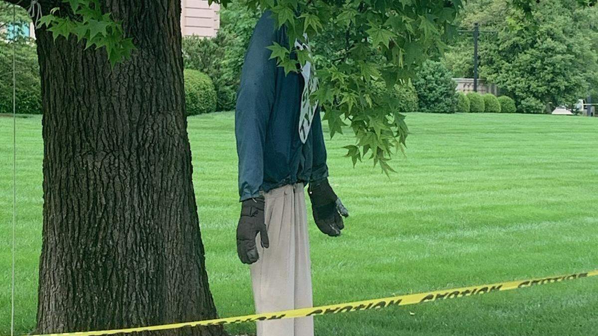 An effigy of Gov. Andy Beshear was hung in a tree during a rally at the Capitol in Frankfort Sunday.