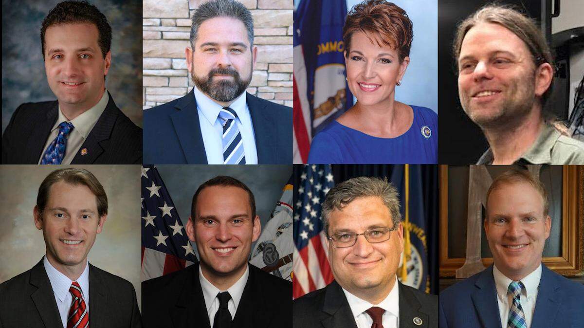 Four Democrats (top) and Four Republicans (bottom) are running for Kentucky secretary of state in the May 21 primary election. The Democrats, from left to right, are Jason Belcher, Jason Griffith, Heather French Henry, and Geoff Sebesta. The Republicans, from left to right, are Michael Adams, Andrew English, Stephen Knipper, and Carl Nett.
