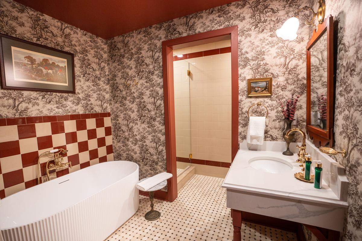 The bathroom for a Deluxe King room at The Aldenberg Hotel in downtown Versailles, Ky. 