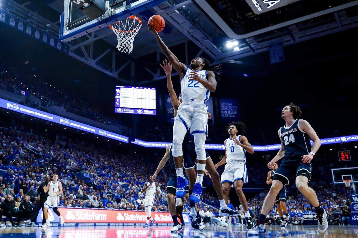 Through the first two contests of his college career, Kentucky freshman guard Cason Wallace (22) is averaging 11.5 points, 5.5 rebounds and 6.5 assists a game.