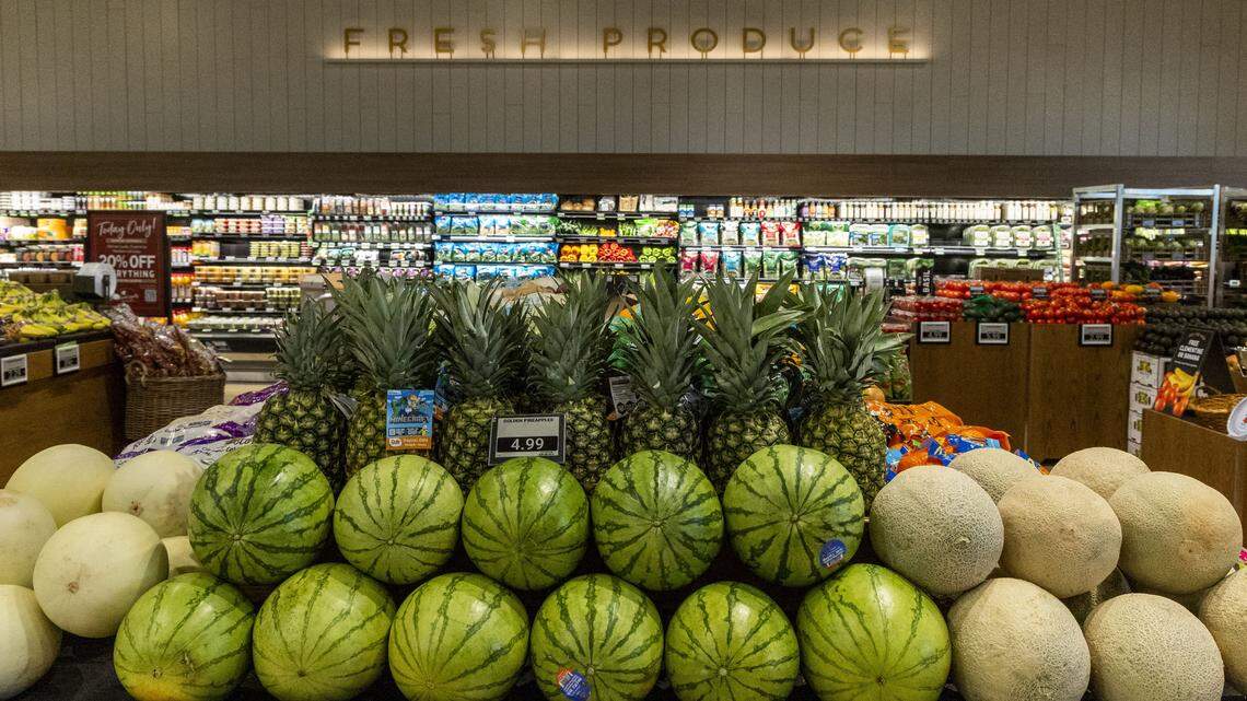 The produce department inside the new Fresh Market, Tuesday, Dec. 9, 2025 in Lexington, Ky. The grocery chain has a reputation for selling premium hand-trimmed meats and seafood, organic produce and other gourmet, imported items along with prepared meals and baked goods. 