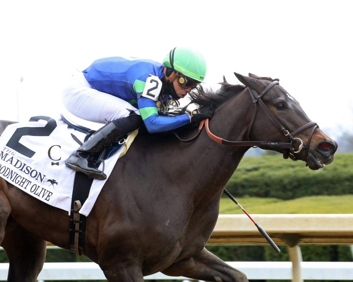 Goodnight Olive prevails in the Madison Stakes at Keeneland on Saturday.