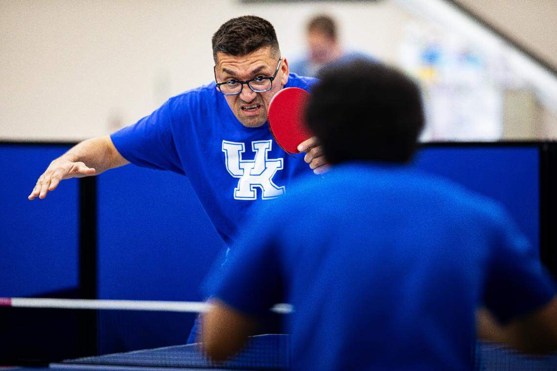 Efrain Gonzalez competes in a Lexington Table Tennis Club match at the Providence Christian Church gymnasium in Nicholasville on June 12,