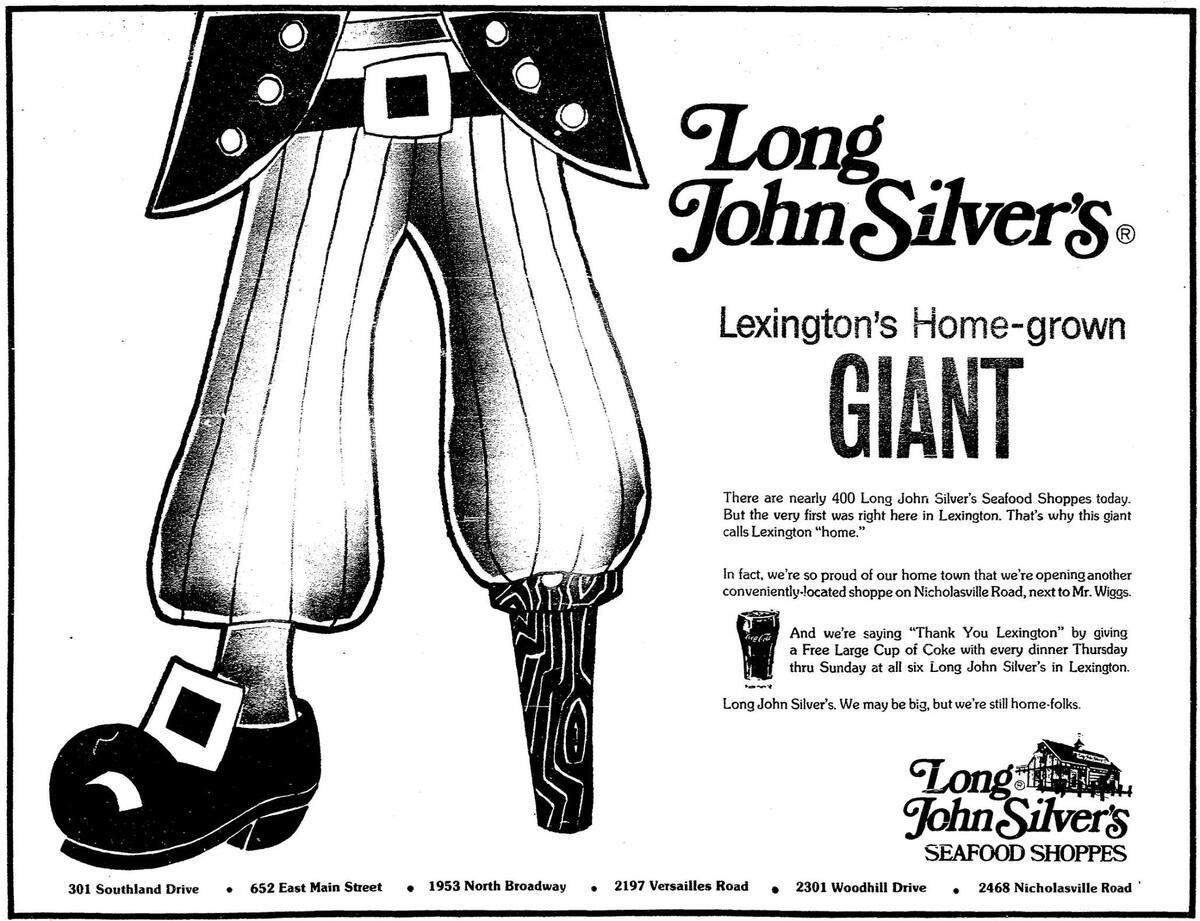 A half-page advertisement in the Friday, July 18, 1975 Lexington Herald touted Long John Silver’s growth and Lexington roots. At the time there were six Lexington locations, including the Versailles Road spot, which is the last one in town.