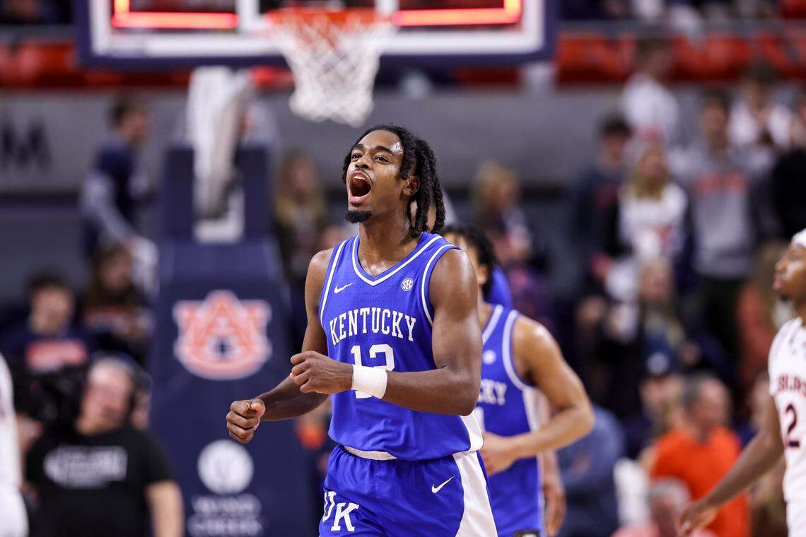 Kentucky guard Antonio Reeves (12) celebrates after his team’s 70-59 win at Auburn. His game-high 22 points included three 3-pointers.