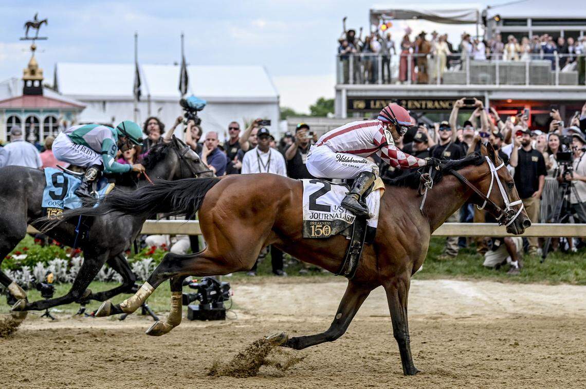 May 17, 2025; Baltimore, Maryland, USA;  Journalism (2) with Umberto Rispoli up defeats Gosger (9) with Irad Ortiz Jr. up to win the running of the 150th Preakness stakes. Mandatory Credit: Tommy Gilligan-Imagn Images