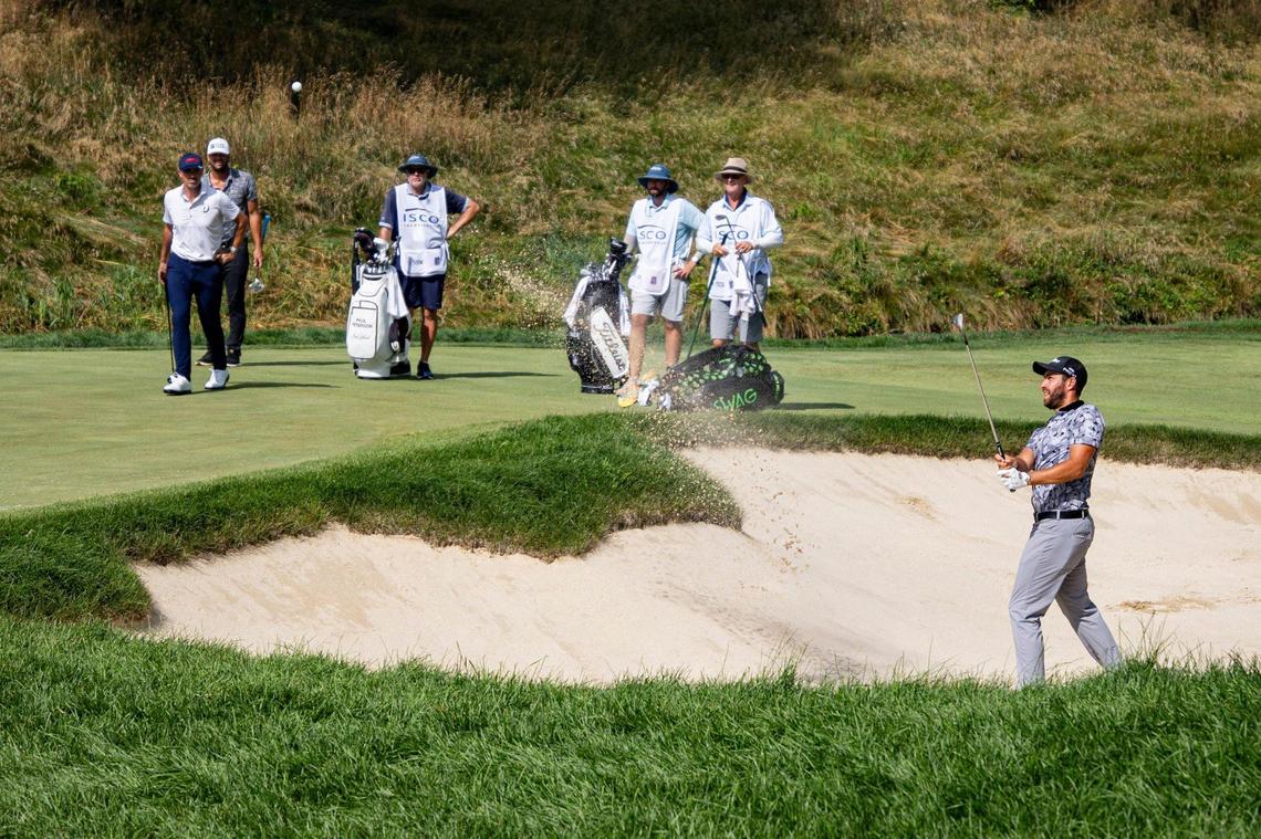 Thomas Rosenmueller hits a shot from a bunker on the 7th hole during the first round of the ISCO Championship on Thursday, July 10, 2025, at Hurstbourne Country Club in Louisville, Ky.