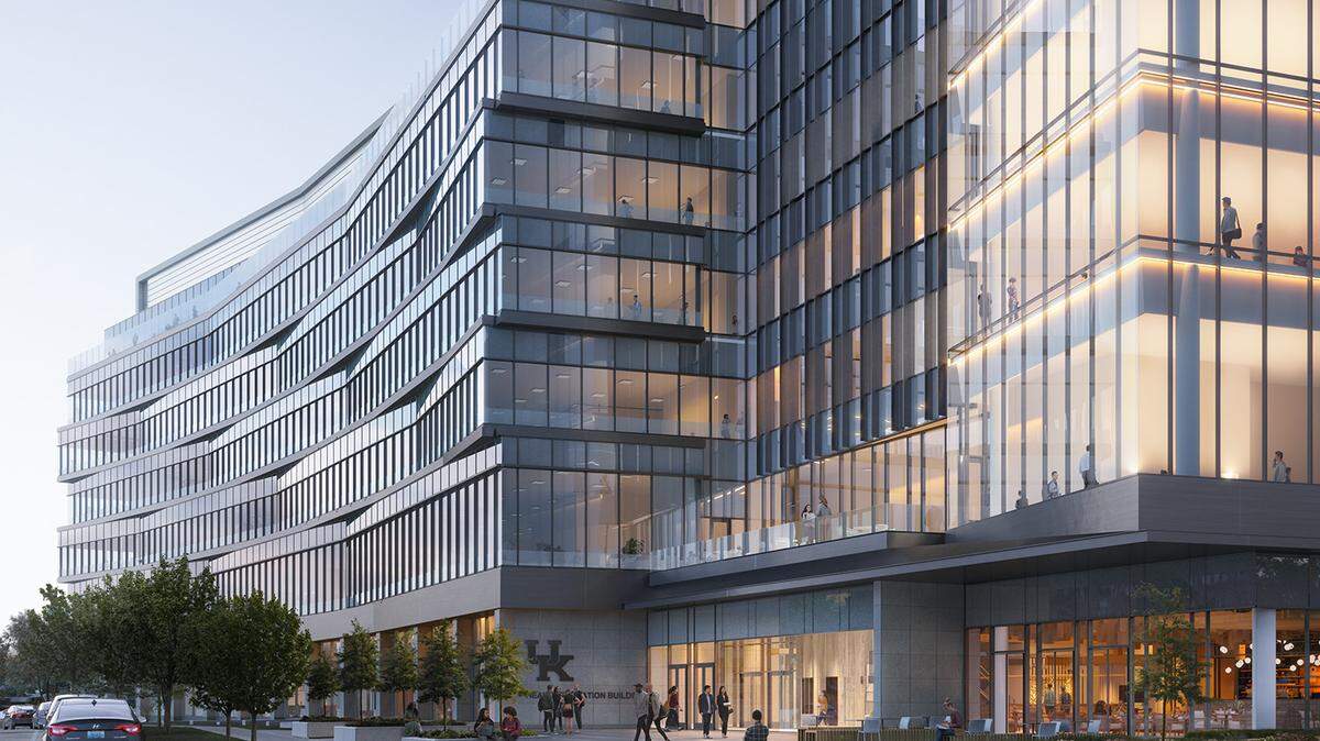 A rendering of the new Health Education Building at the University of Kentucky, scheduled to open in 2026. The building will house four health care colleges at UK, and will be the largest academic building on campus.