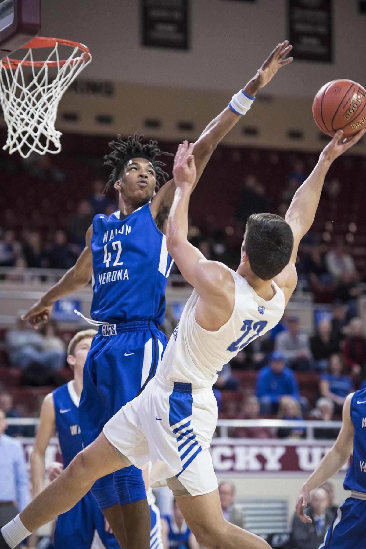 Walton-Verona’s Dieonte Miles (left) and Lexington Christian Academy’s Kyle Rode (shooting) will try to lead their teams to district tournament titles this week.