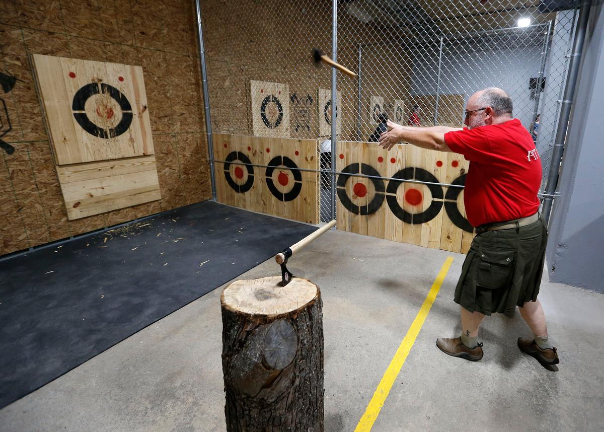 “Kilted Dave” McCreary, a pit boss, demonstrated a two-handed throw with a hatchet at Battle Axes, which opened in the Distillery District, 1170 Manchester Street, in 2018 on the ground floor of the old Pepper warehouse.