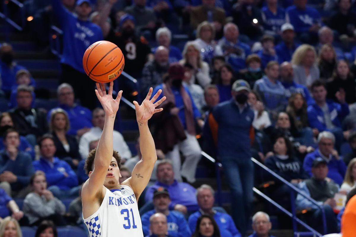 Kellan Grady opened Kentucky’s game against Florida by hitting his first three three-point attempts on Saturday, Feb. 12, 2022, at Rupp Arena in Lexington, Ky.