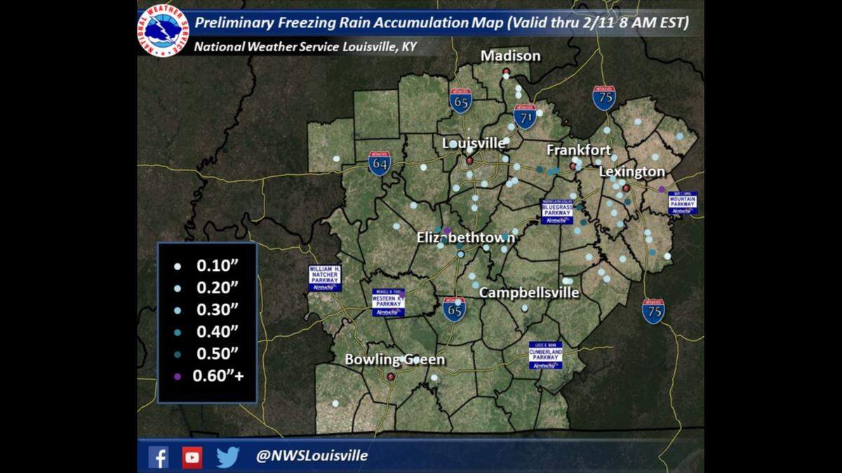 Freezing rain accumulation totals from the National Weather Service.