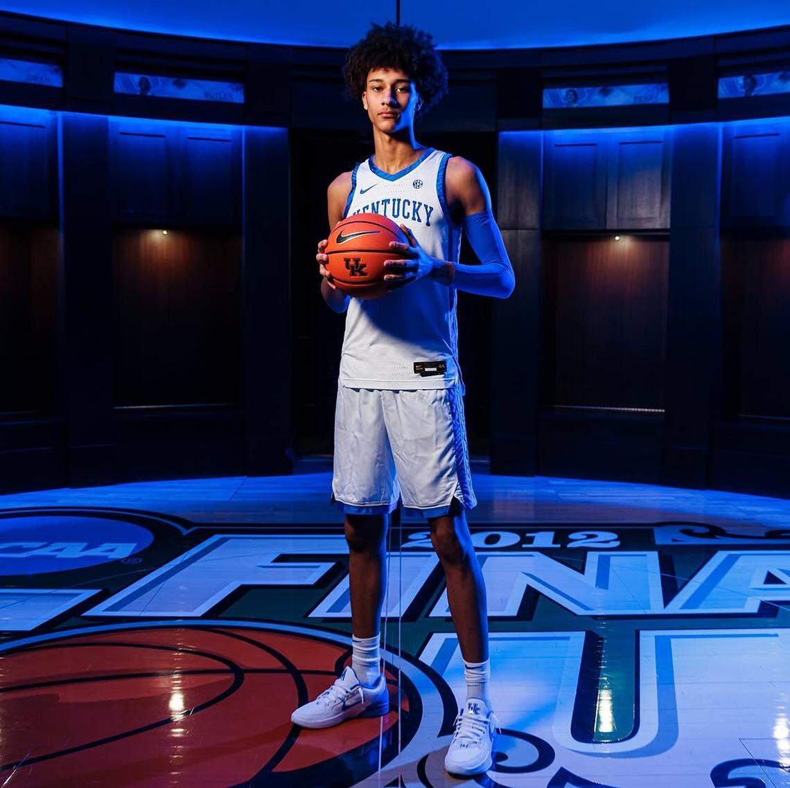 Class of 2025 recruit Nate Ament poses for a photo while on an official visit to Kentucky in February 2025 at Rupp Arena. Ament is a 6-foot-9 power forward from Virginia.