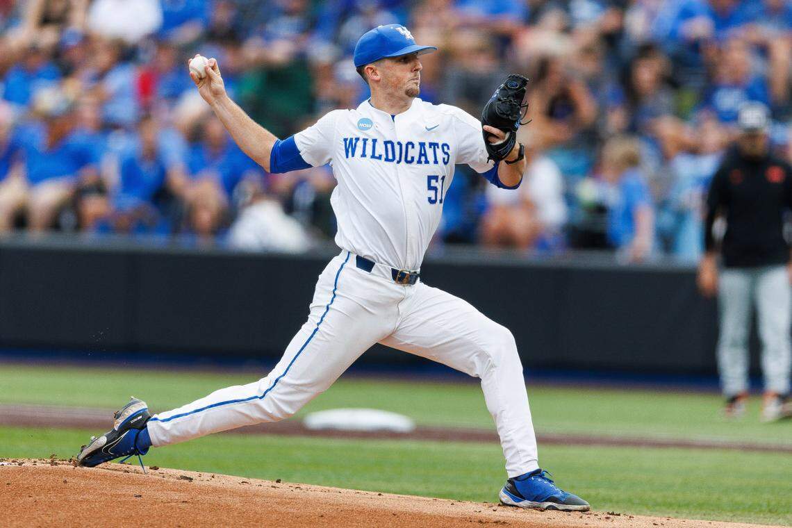 Jun 8, 2024; Lexington, KY, USA; Kentucky Wildcats pitcher Trey Pooser (51) throws a pitch during the first inning against the Oregon State Beavers at Kentucky Proud Park. Mandatory Credit: Jordan Prather-USA TODAY Sports