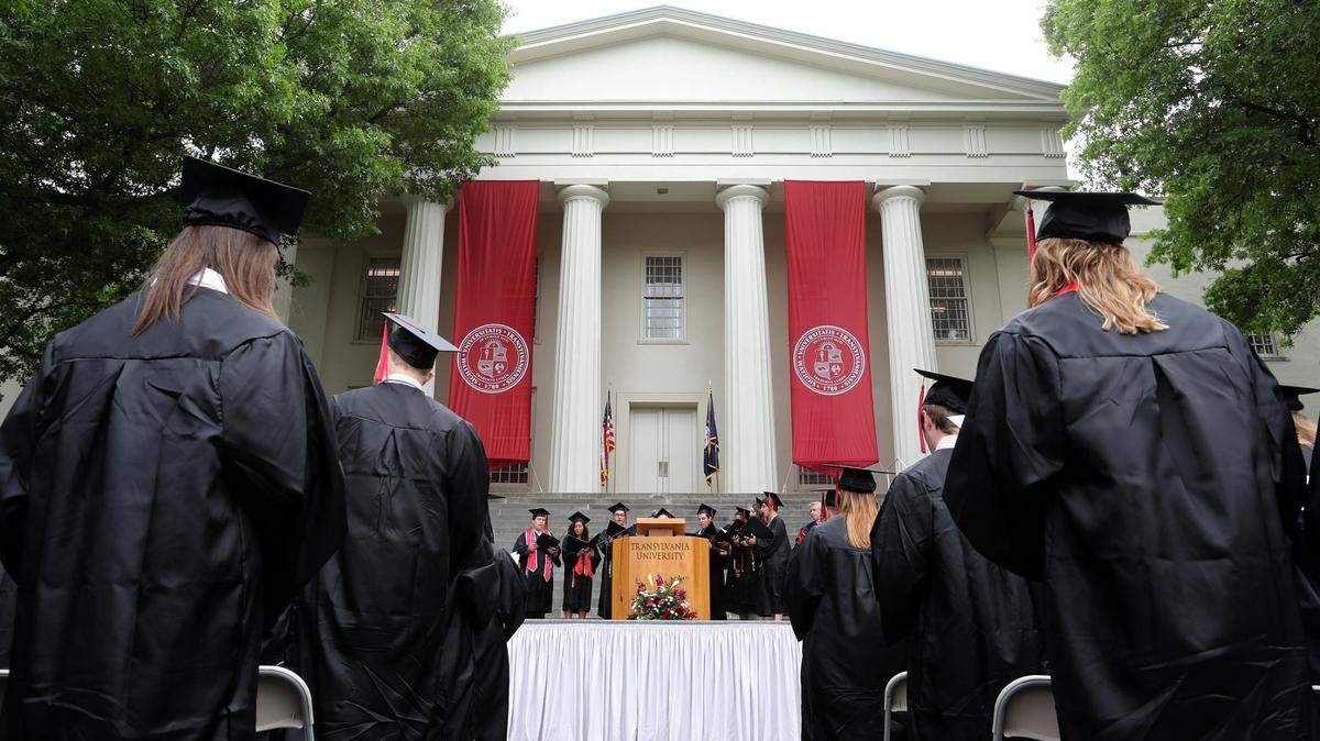 In this file photo, choir seniors sang Hail, Transylvania as the school held its 237th commencement exercises on the lawn of Old Morrison in Lexington, Ky., Saturday, May 27, 2017.