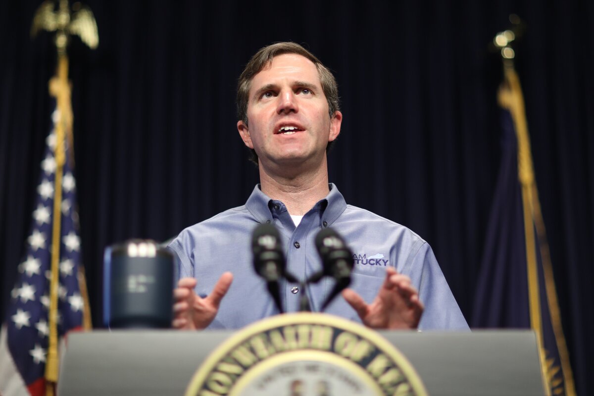 Kentucky Gov. Andy Beshear speaks during a media conference at the state Capitol in Frankfort, Ky., to provide an update on the novel coronavirus Sunday, April 26, 2020.