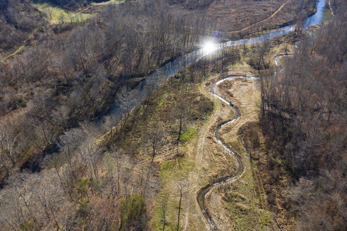The Nature Conservancy led a project to restore this stream in Pulaski County that flows into Buck Creek, at left, to improve water quality in both.
