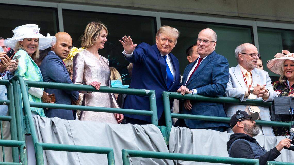 Former President Donald Trump acknowledges the crowd before the 148th Kentucky Derby, Saturday, May 07, 2022 at Churchill Downs in Louisville.