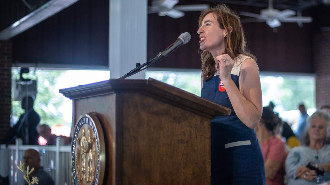 Allison Ball, Republican candidate for Kentucky state auditor, speaks during the Fancy Farm picnic in Fancy Farm, Ky., on Saturday, Aug. 5, 2023.