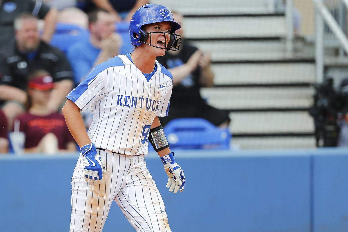 Kentucky’s Kayla Kowalik celebrated after scoring a run during the NCAA Tournament in Lexington last season. Kowalik made the All-SEC Freshman Team.