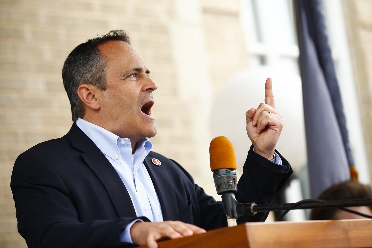 Gov. Matt Bevin spoke to the crowd over opponents of his message at the Pike County Courthouse Saturday during Hillbilly Days in downtown Pikeville.