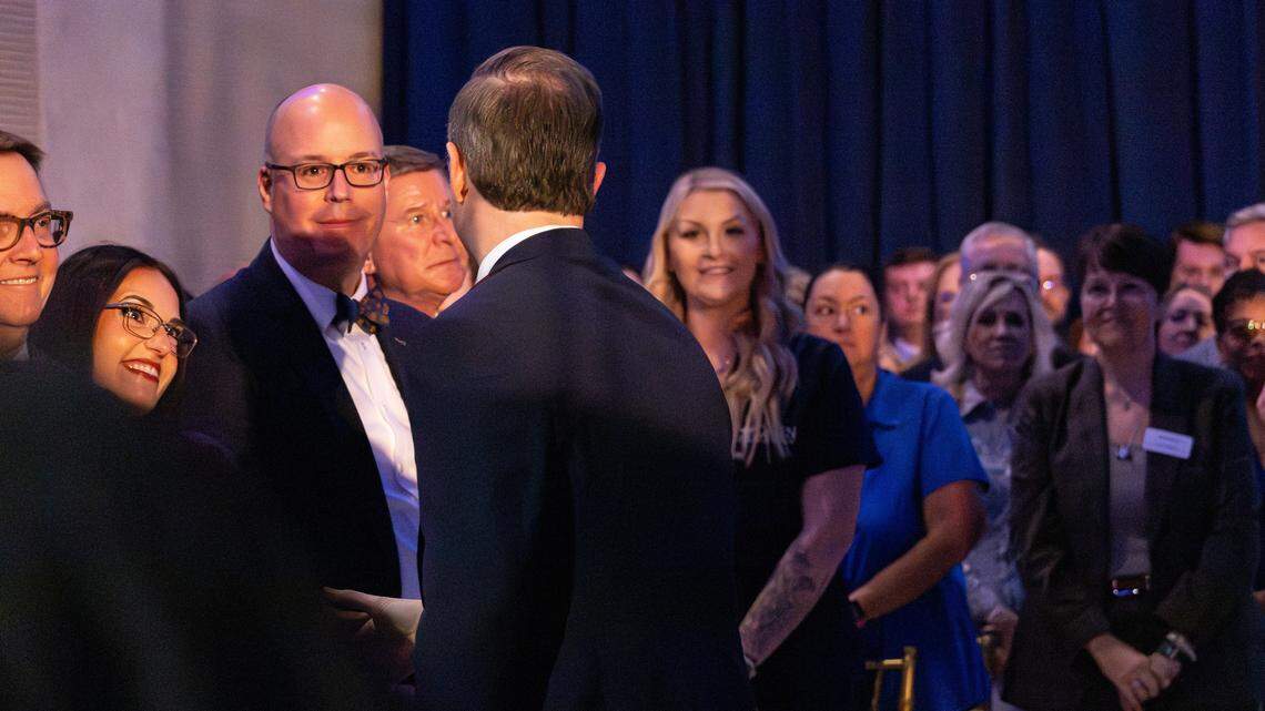 Kentucky Gov. Andy Beshear shaking hands and meeting with attendees following his State of the Commonwealth and budget address at the Thomas D. Clark Center for Kentucky History on Jan. 7, 2026, in Frankfort, Ky.
