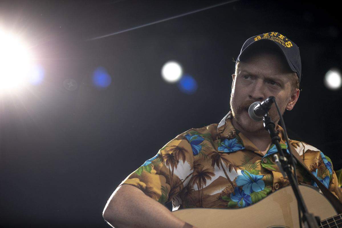 Tyler Childers performs during the Railbird Festival at Keeneland in Lexington, Ky., Sunday, Aug. 11, 2019.