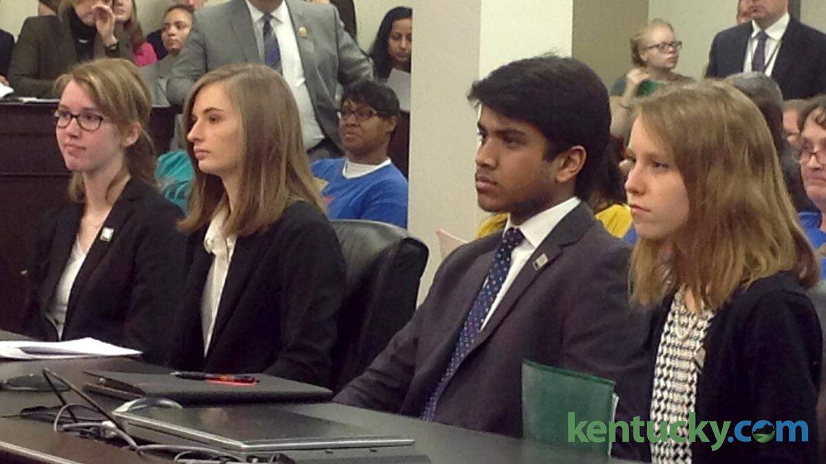 Nicole Fielder of West Jessamine High School, Amanda Wahlstadt of Knox Central High School, Sahil Nair of Paul Lawrence Dunbar High School and Eliza Jane Schaeffer of Henry Clay High School testified in favor of a bill to allow a student on superintendent screening committees Tuesday February 24, 2015 in the Capitol Annex in Frankfort. They are members of the Prichard Committee Student Voice Team. Photo by Linda Blackford | Staff