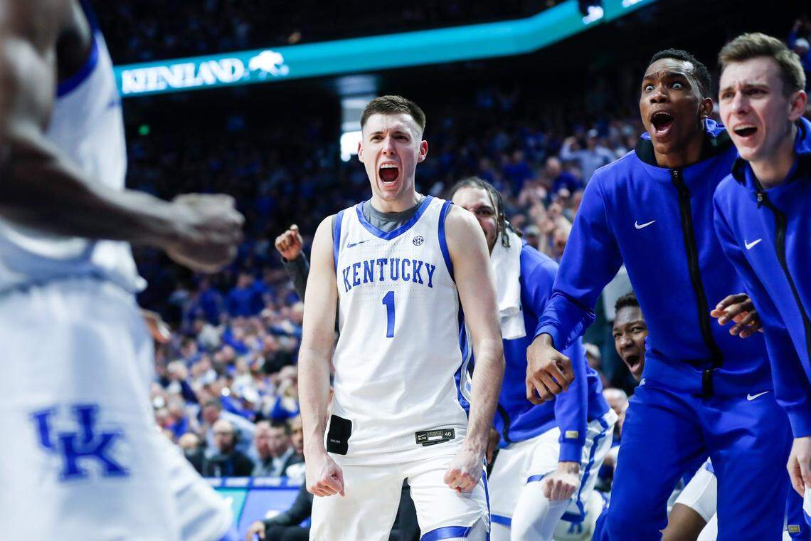 Kentucky’s CJ Fredrick (1) celebrates during his team’s game against Auburn on Saturday, Feb. 25, 2023, at Rupp Arena in Lexington, Ky.