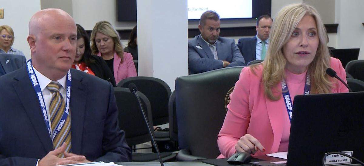 Jeremy Bischoff and Lisa Biddle-Puffer of the Kentucky Association of Health Care Facilities testify in Frankfort.