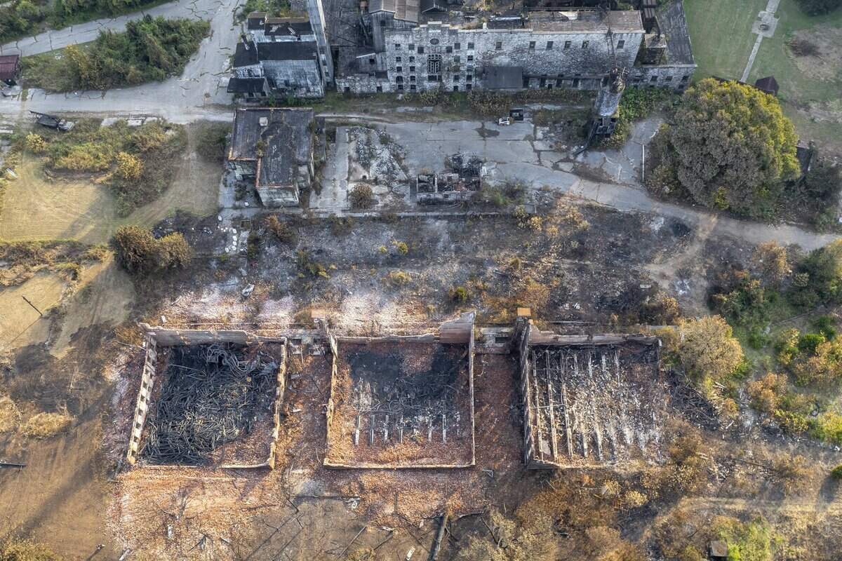 The historic Old Crow Distillery, now home to Glenn's Creek Distilling, along McCracken Pike in Woodford County, Ky., caught fire Wednesday, Sept. 30, 2026.