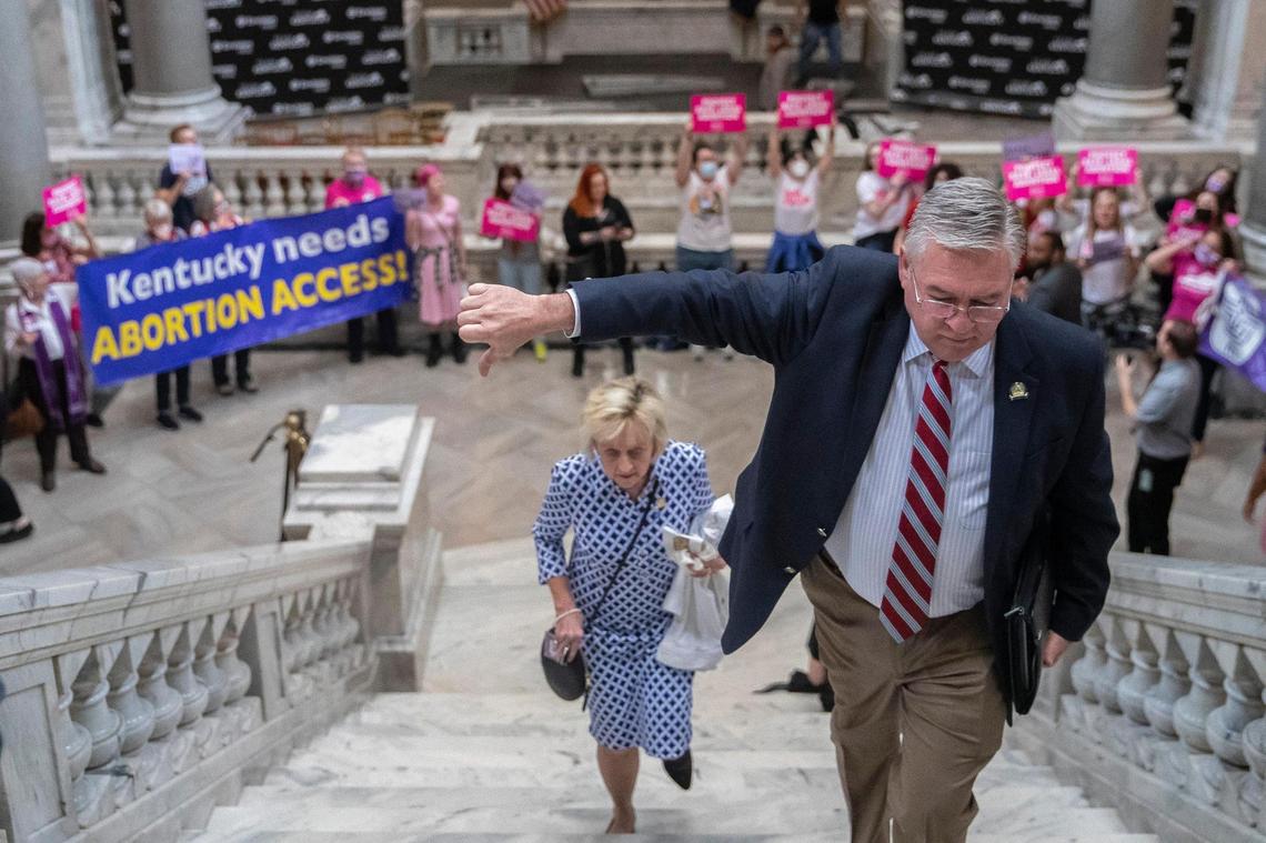 State Rep. Randy Bridges, R-Paducah, gives a thumbs down as protesters chant “Bans off our bodies” at the Kentucky state Capitol on Wednesday, April 13, 2022. Protesters chanted “Bans off our bodies” as they anticipated Kentucky Gov. Andy Beshear’s veto of a sweepingly restrictive abortion bill, HB3, would be overridden.