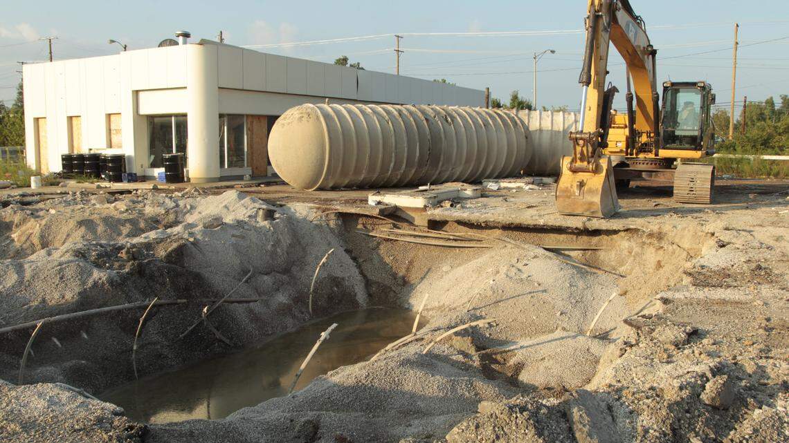 Underground fuel tanks were being removed last week at the former BP station adjacent to the Lexington Mall site that is being turned into a satellite campus of Southland Christian Church. Final purchase of the BP site could take months to complete.