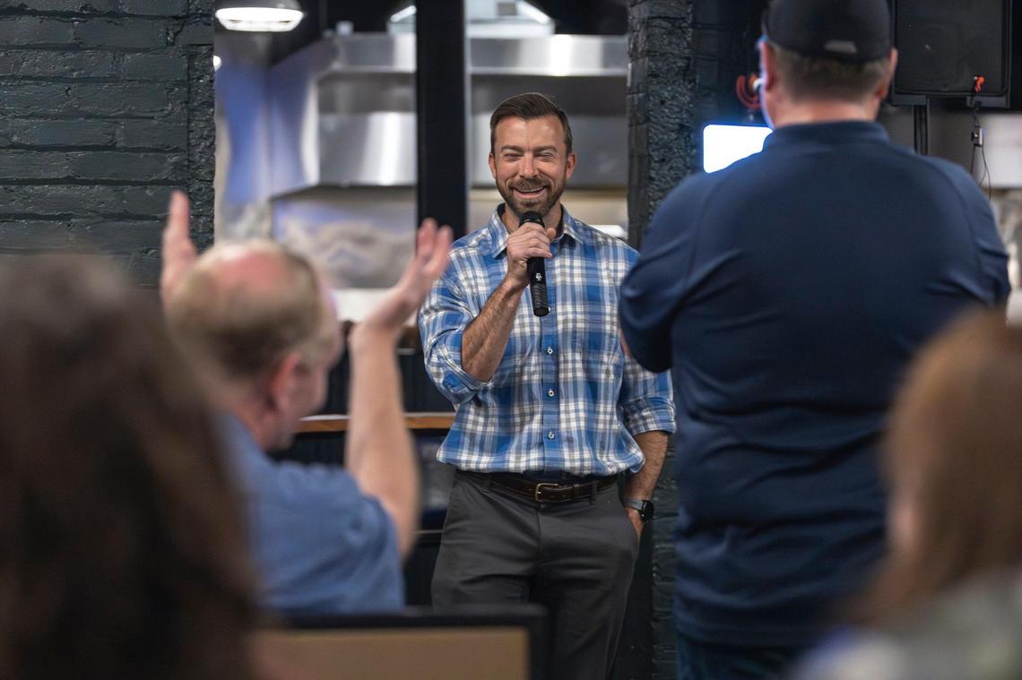 Adam Moore speaks after being announced the winner in a race for the Kentucky 45th House District during an Election Night party hosted by the Fayette County Democrats at Old North Bar in Lexington, Ky., on Tuesday, Nov. 5, 2024.