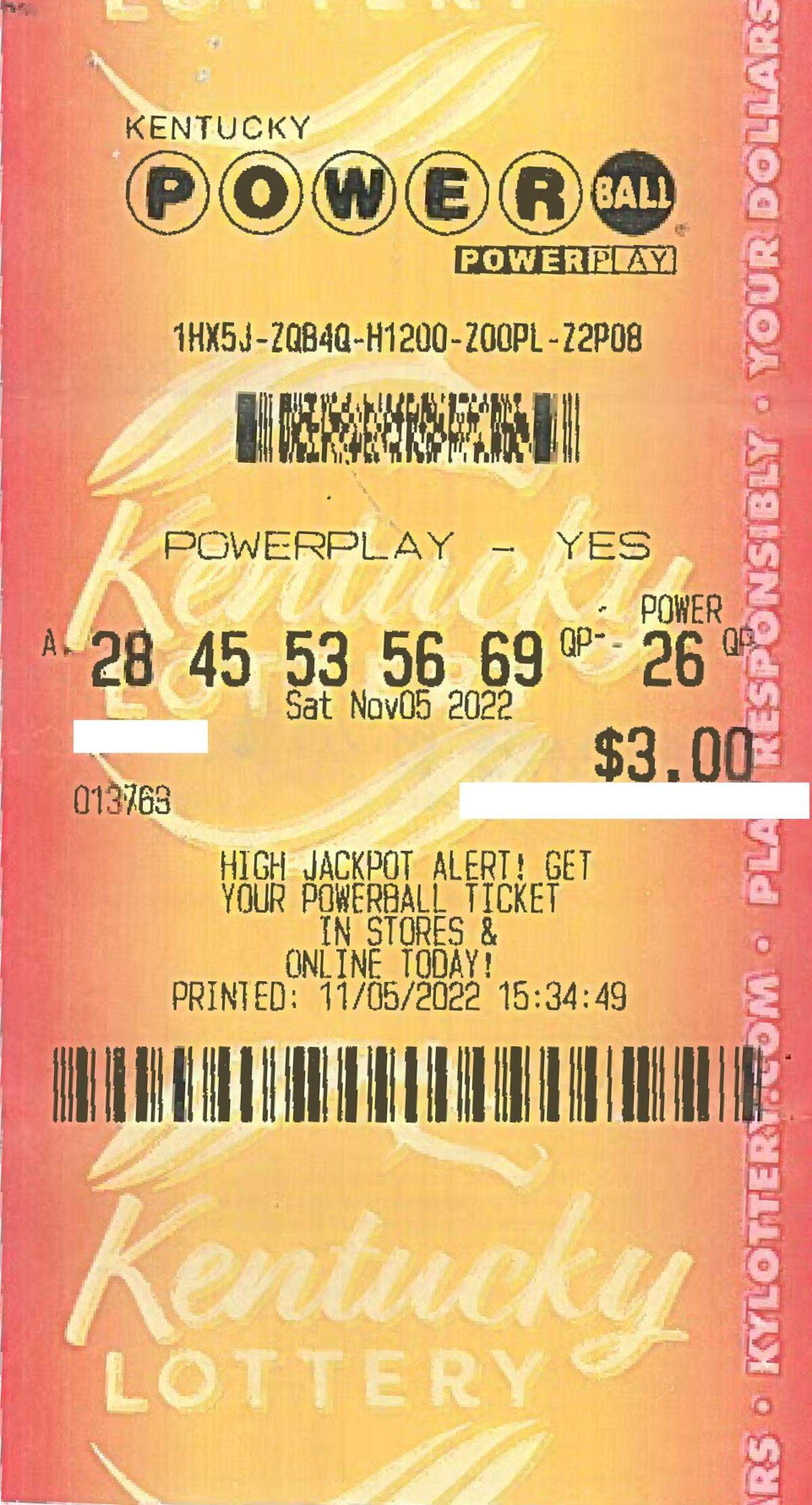 The winning Powerball ticket that earned a Marshall County man and his wife $2 million. 
