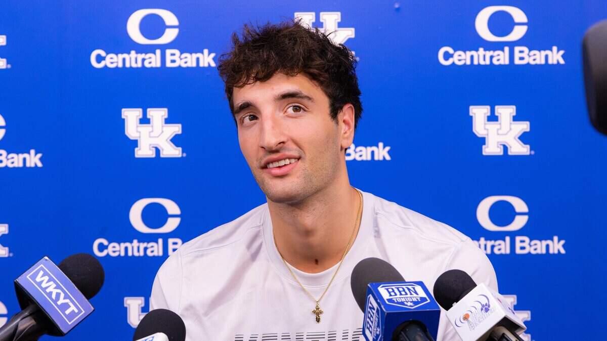UK forward Milan Momcilovic answers reporters' questions during media availability held at Memorial Coliseum in Lexington, Ky, on July 2, 2026.
