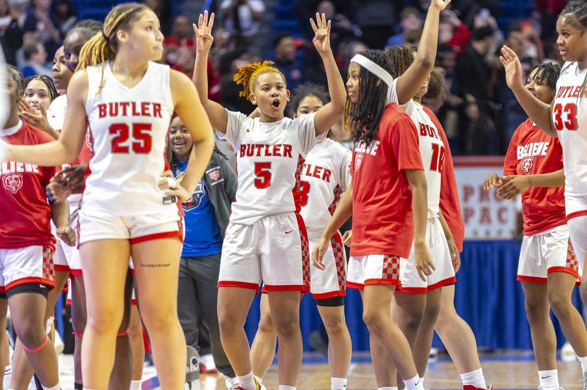 Butler players celebrate after defeating Franklin County to advance to Saturday’s Sweet 16 semifinals.