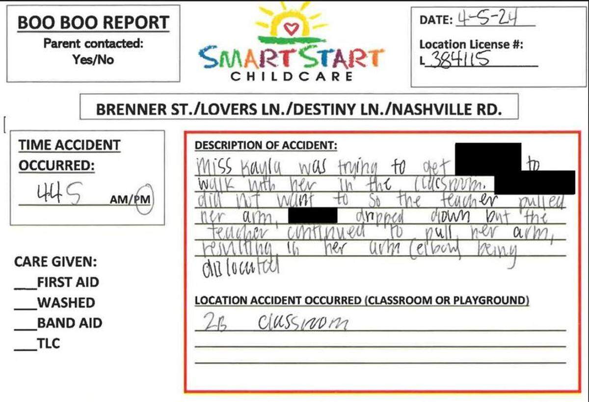 A “Boo Boo Report” at Smart Start Child Care in Bowling Green explains how a teacher dislocated a girl’s elbow in April 2024.